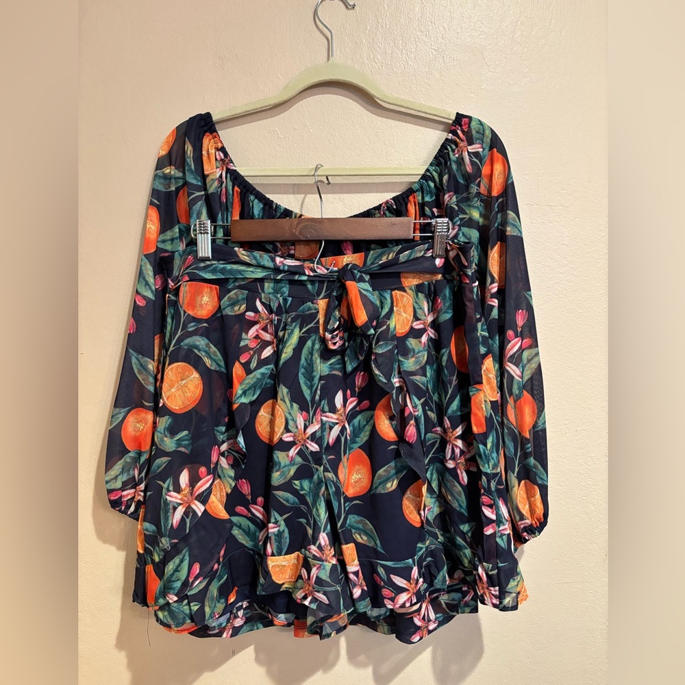 Navy and Oranges Blouse and Shorts Set, Off the Shoulder option, Flowy Summer 1X